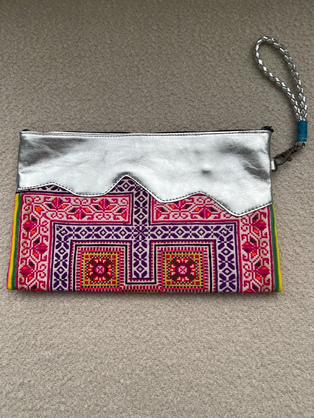 Silver and Pink Embroidered Wristlet Clutch